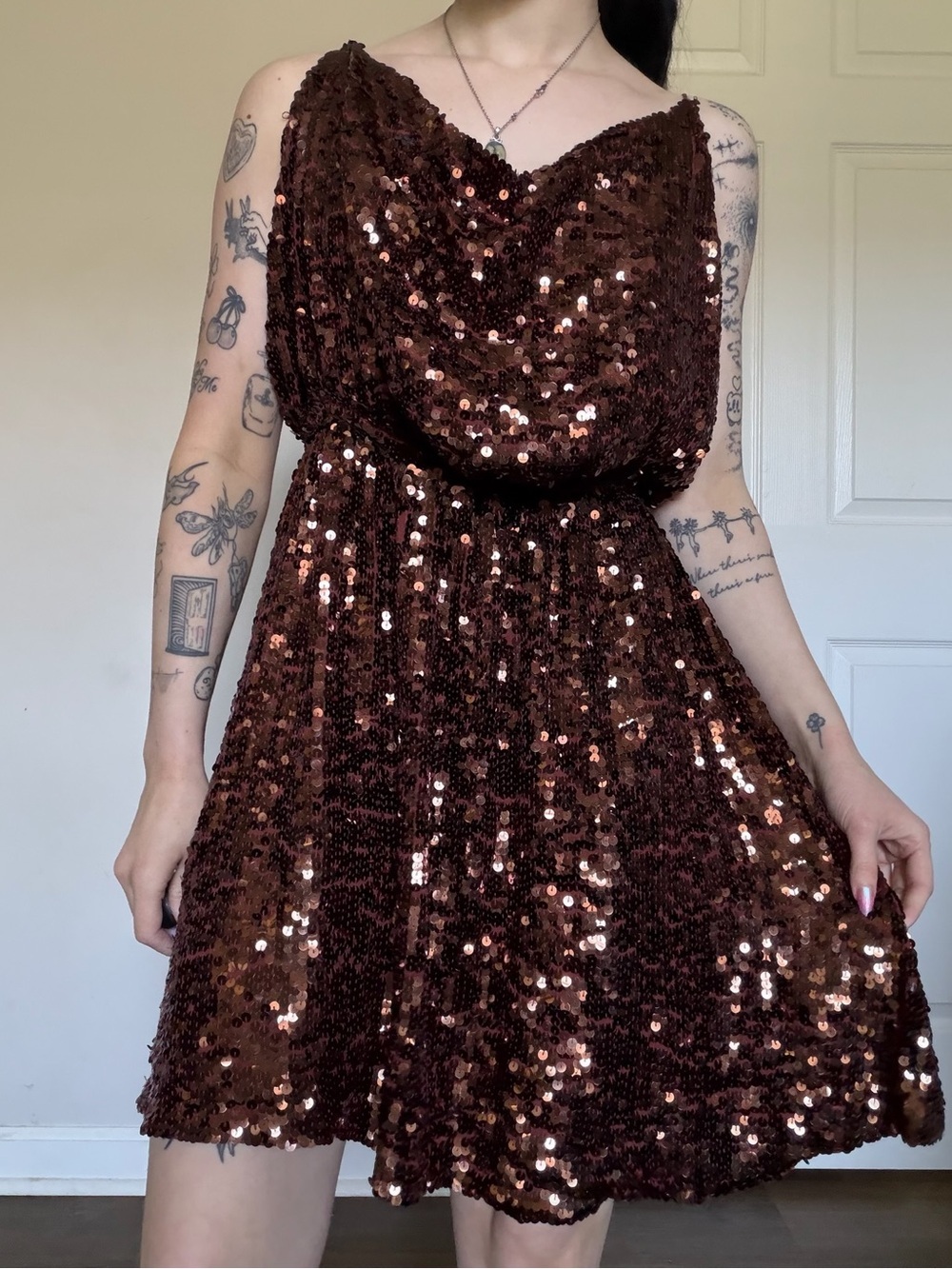 Free People Brown Sequin Cowl Mini Dress